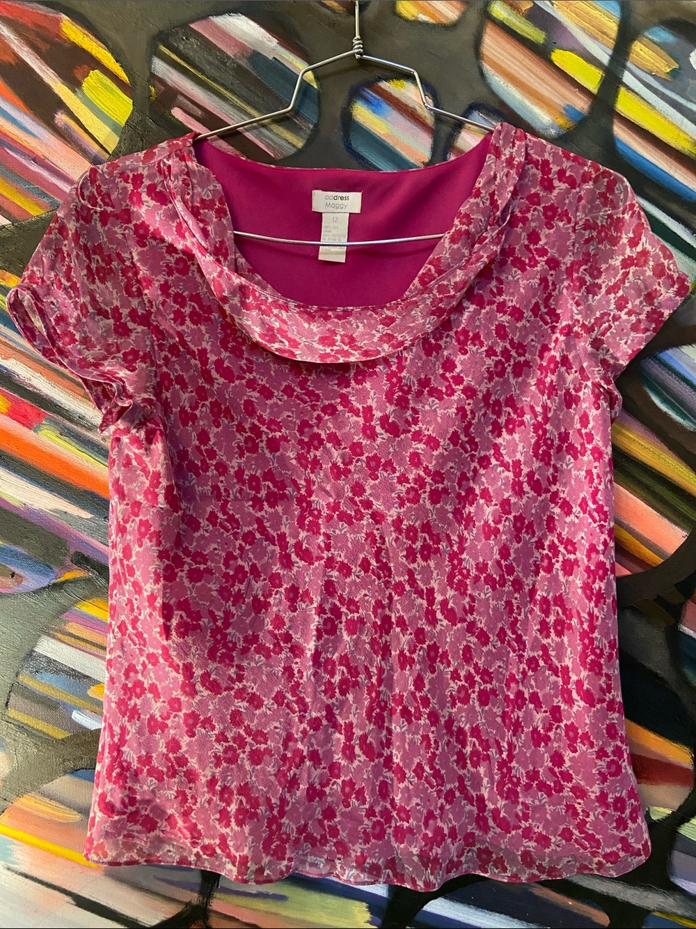 Address Maggy 100% Silk Fuchsia Floral Scoop-Neck Blouse with Sheer Sleeves